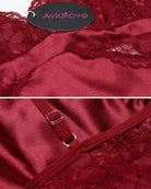 Red satin and lace pajama set close-up with snap and Avidrove tag