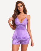 Lavender satin pajama set with lace balconette cami and ruffle hem shorts