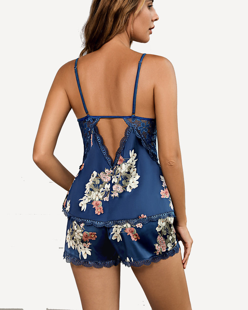 Navy satin pajama camisole and shorts set with floral print and lace back panels