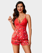 Red satin lace pajama set with V-neck camisole and printed lace-trim shorts