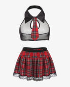 Red plaid mini skirt with black tie-neck halter top and lace-trim hem