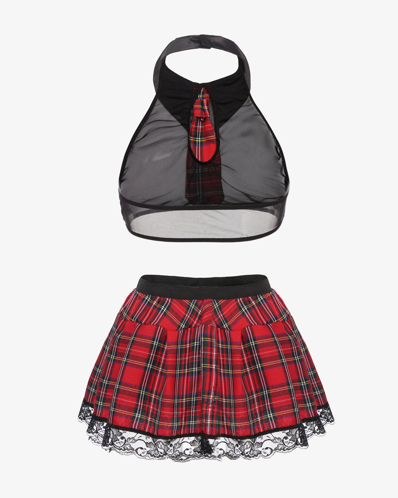 Red plaid mini skirt with black mesh tie-neck halter top and lace-trim hem