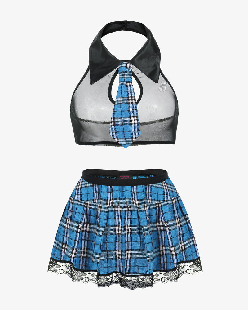 Blue plaid mini skirt with black tie-neck halter top and lace-trim hem