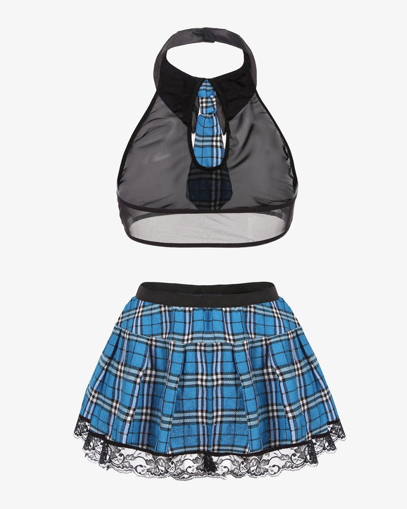 Costume skirt lingerie set, black mesh halter top and blue plaid pleated skirt