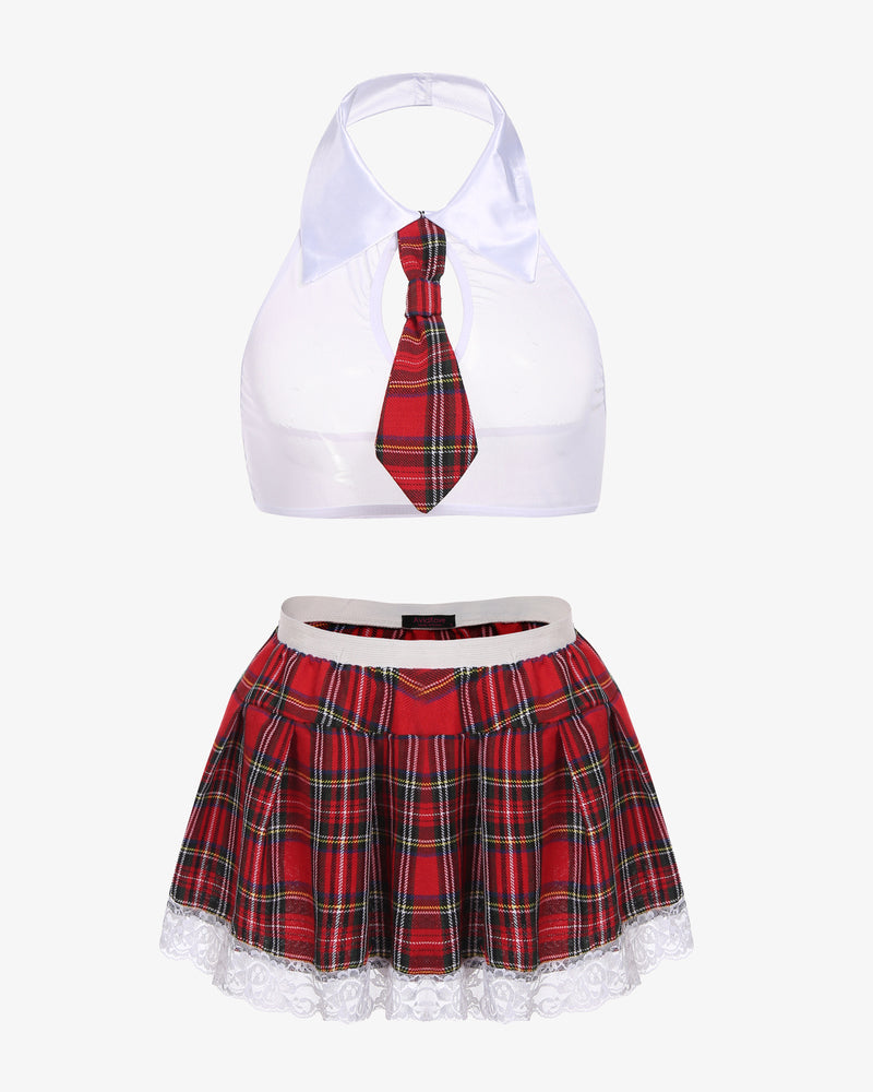 Costume skirt lingerie set, white neck-tie halter and red tartan pleated mini skirt