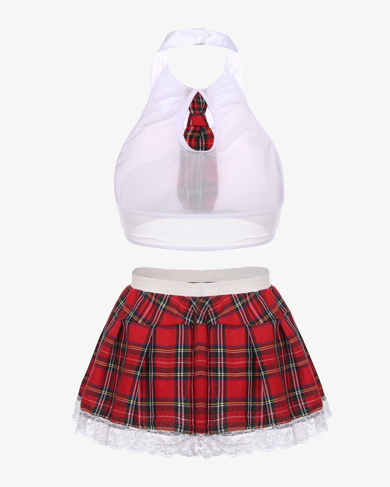 Costume skirt lingerie set, white halter with red tartan tie and red pleated lace skirt