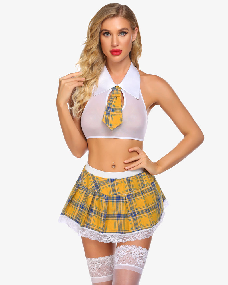 School girl costume skirt set with white halter and yellow plaid tie, matching skirt