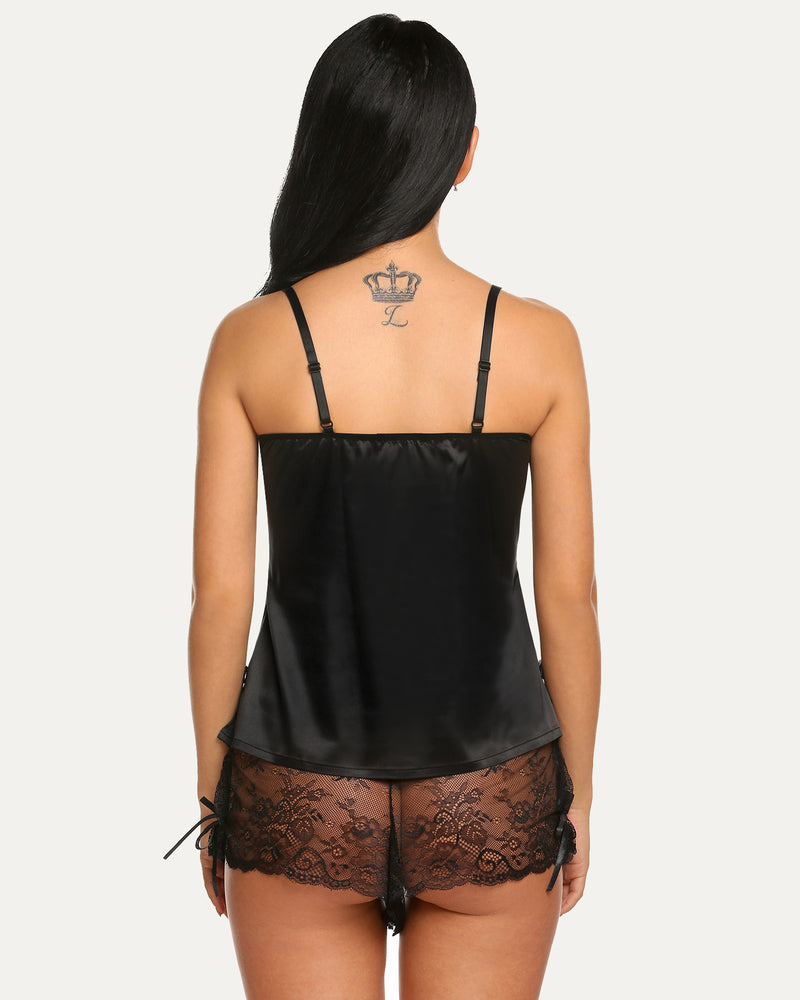 Back view of black satin cami and lace shorts set with thin straps