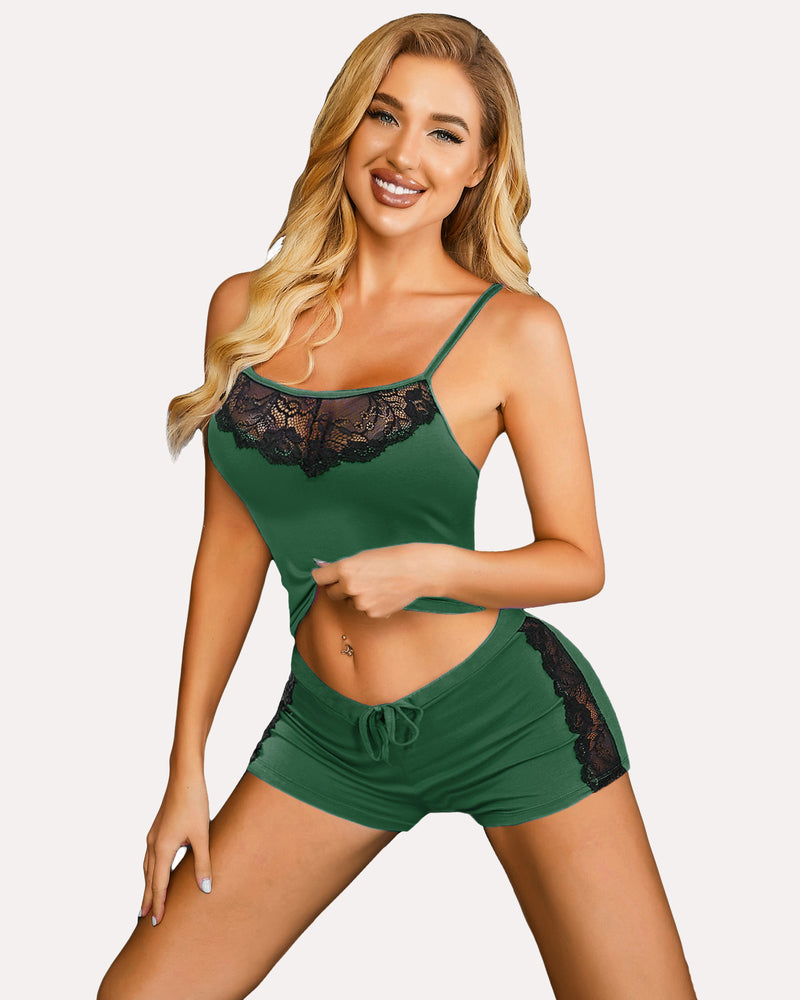 Lace camisole and shorts set in green with black lace trim, drawstring shorts