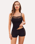 Black lace camisole and shorts pajama set with scalloped lace neckline