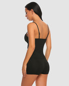 Black lace-trim camisole and short pajama set, spaghetti straps