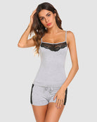 Heather gray camisole and short pajama set with black lace trim