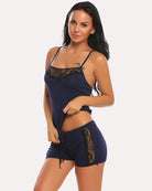 Lace pajama camisole and shorts set, navy blue with black lace trim and tied waist