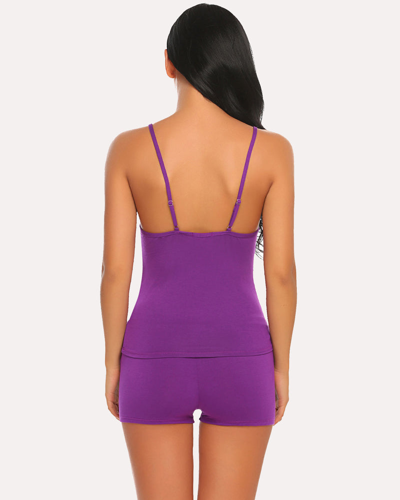Lace camisole and shorts set back view in purple with black lace trim