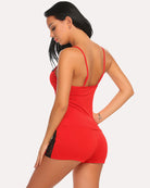Lace camisole and shorts set back view in red with black lace trim