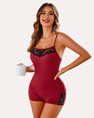 Wine red lace-trim camisole and matching pajama shorts set