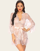 White lace mesh kimono robe with V neckline and satin tie waist belt