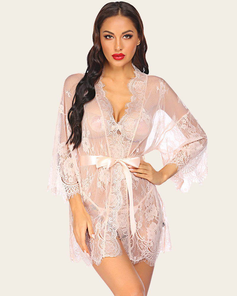 White lace mesh kimono robe with V neckline and satin tie waist belt
