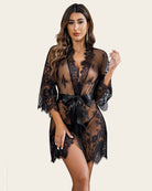 Black lace mesh kimono robe with deep V neckline and tied waist belt