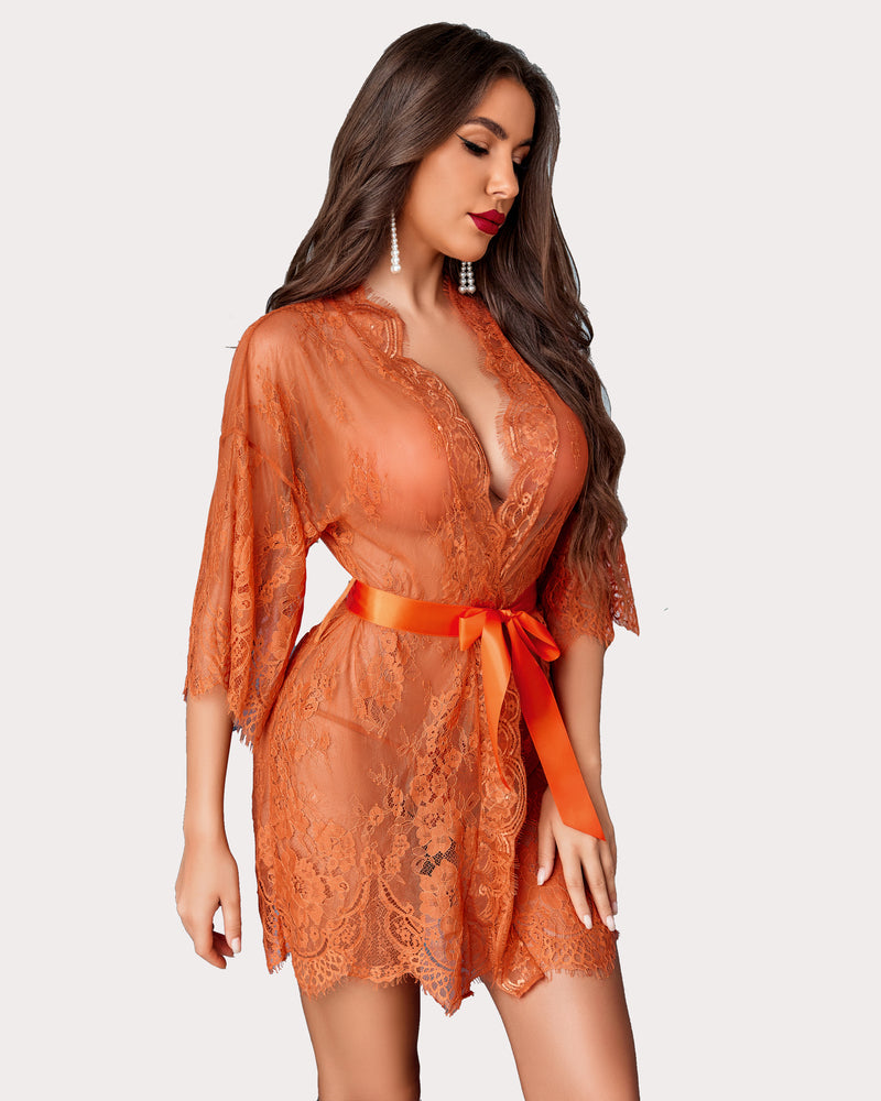 Orange lace kimono mesh robe with tie belt, V-neck sheer front and lace trim