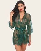 Dark green lace mesh kimono robe with deep V neckline and satin tie belt