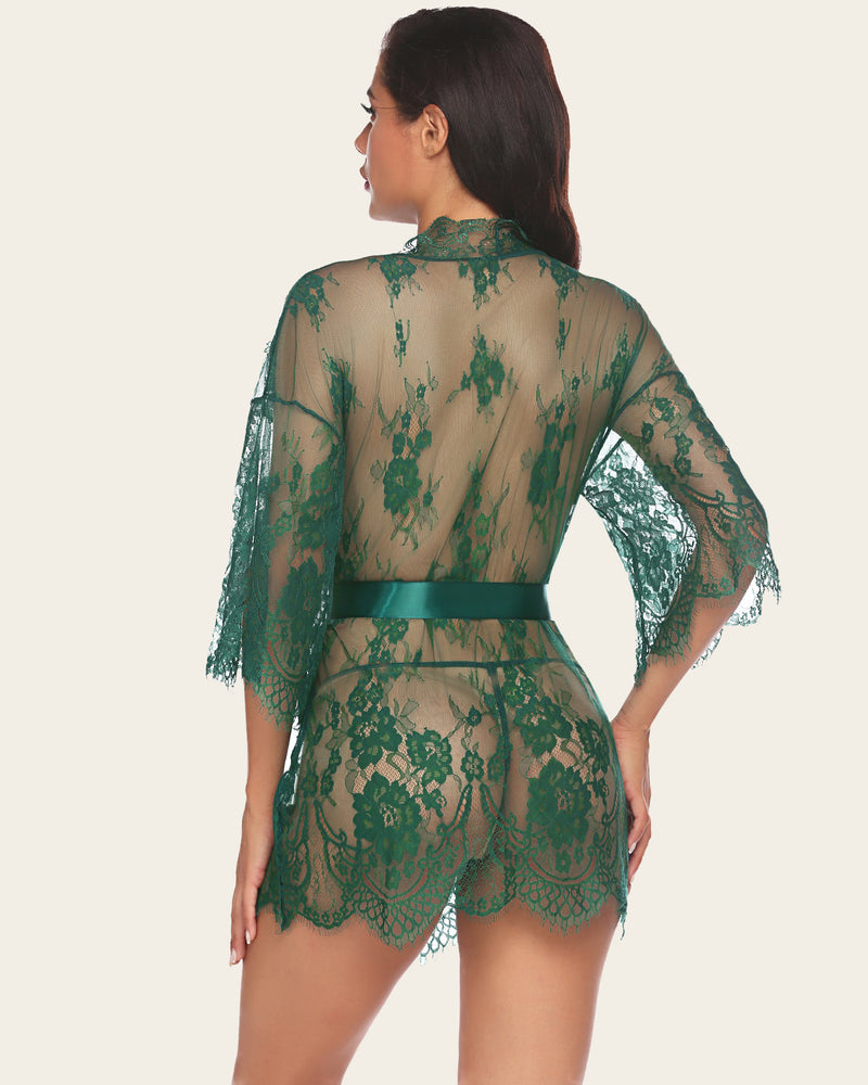 Dark green lace mesh kimono robe with lace back panel and tied waist belt
