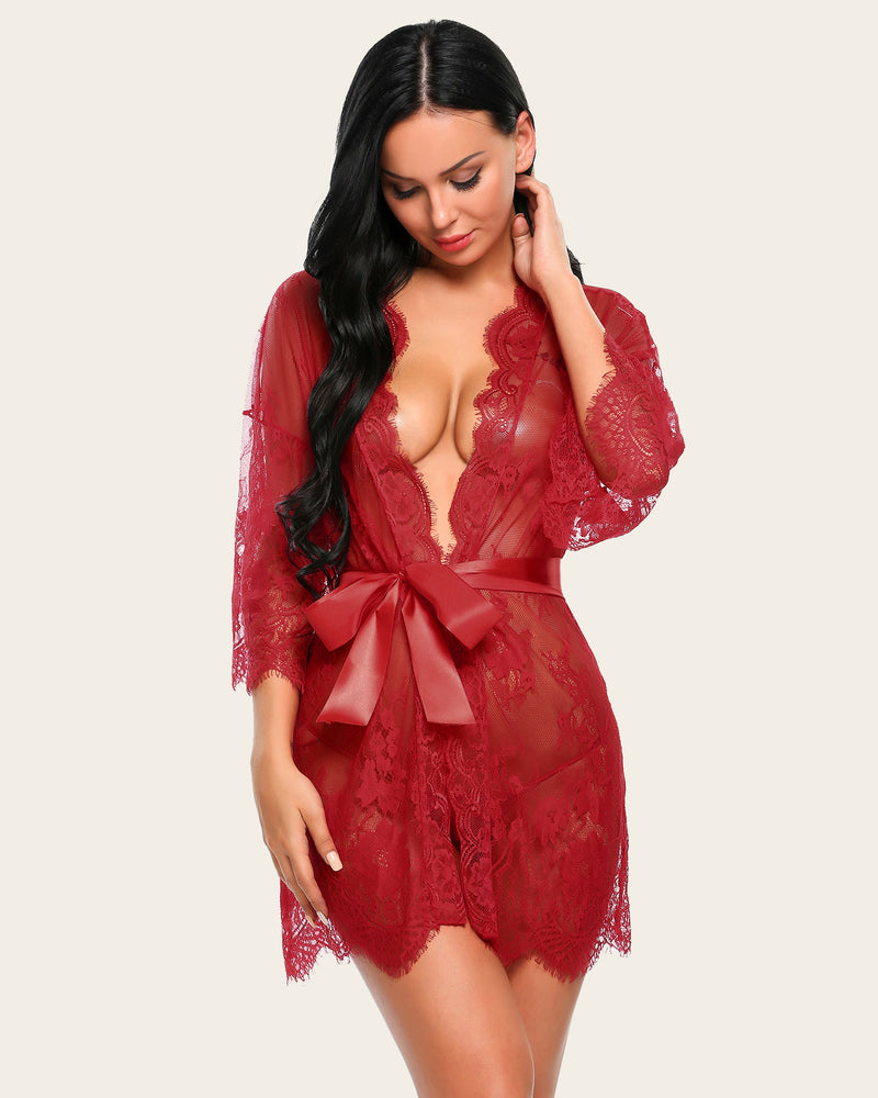 Red lace mesh kimono robe with deep V neckline and satin tie belt