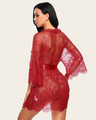 Red lace mesh kimono robe with lace back yoke and tied waist belt