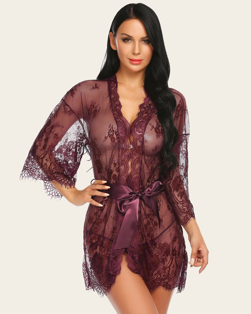 Burgundy lace mesh kimono robe with deep V neckline and satin tie waist belt