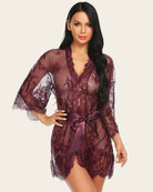Wine-red lace mesh kimono robe with V-neck, lace hem, and tied satin waist ribbon