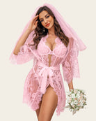 Light pink lace mesh kimono robe with open front, floral lace details and ribbon tie belt