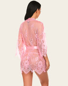 Light pink lace mesh kimono robe, sheer back with floral lace panels and ribbon tie waist