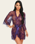 Purple lace mesh kimono robe with V-neck and lace hem, tied satin waist ribbon