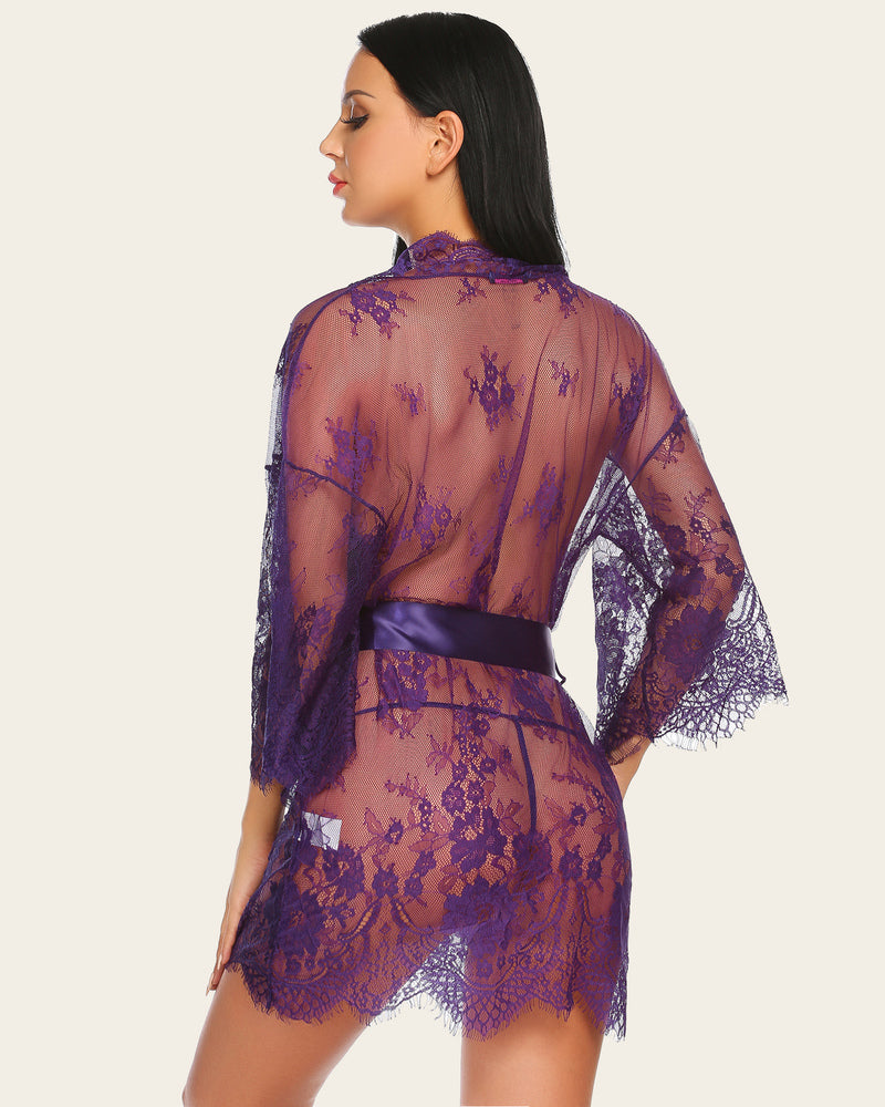 Purple lace mesh kimono robe, back view with lace sleeves and tied satin waist belt