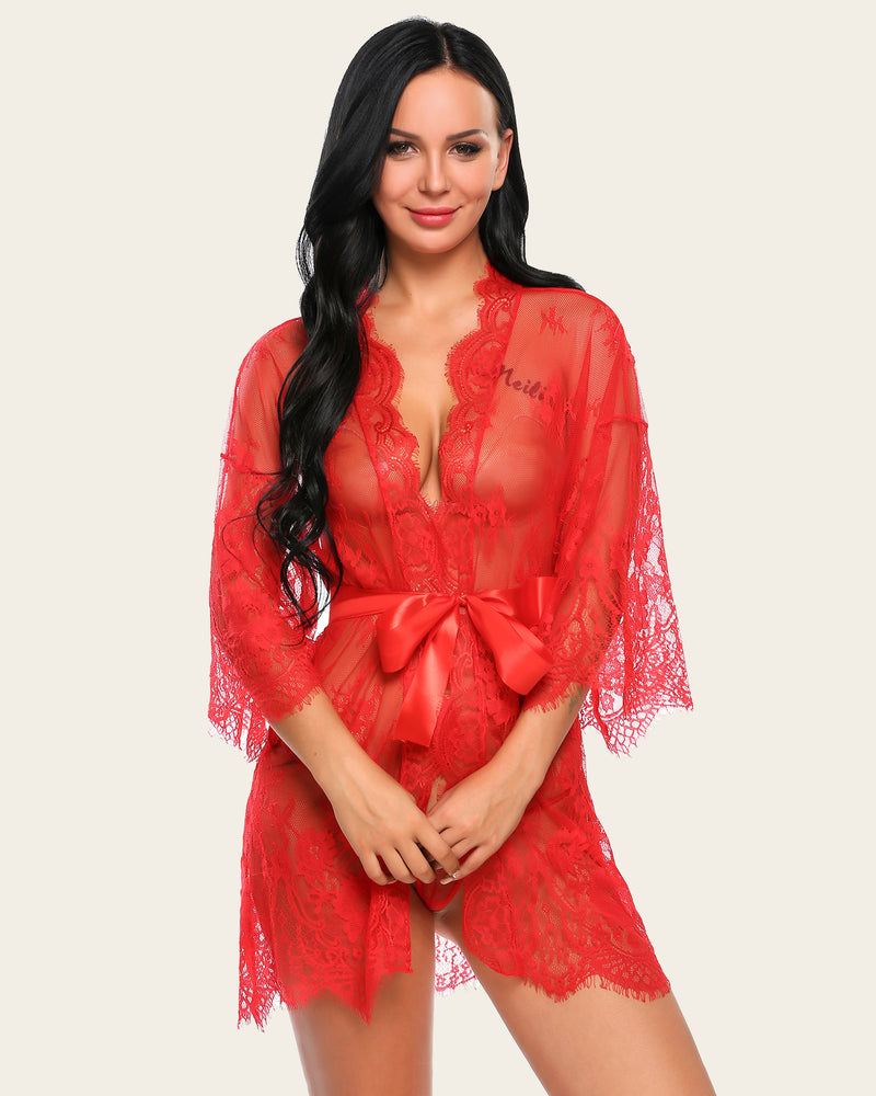 Red lace mesh kimono robe with V-neck and scalloped lace trim, tied satin waist ribbon
