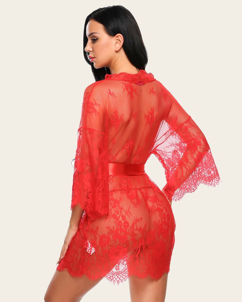 Red lace mesh kimono robe, back view with lace sleeves and tied satin waist belt