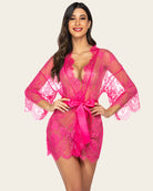 Pink lace mesh kimono robe with floral lace front, satin waist tie and scalloped hem