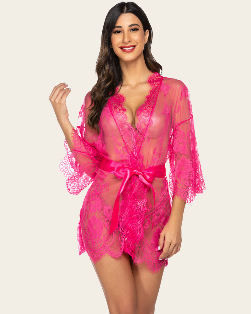Pink lace mesh kimono robe with deep V neckline, sheer sleeves, satin waist tie
