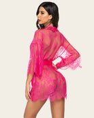 Pink lace mesh kimono robe, sheer back and lace panels with satin waist tie
