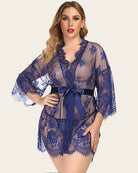 Blue lace mesh kimono robe with V-neck and tied waist sash, lace sleeves and hem