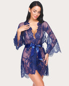 Blue lace mesh kimono robe with V-neck and long sleeves, tied with a front sash