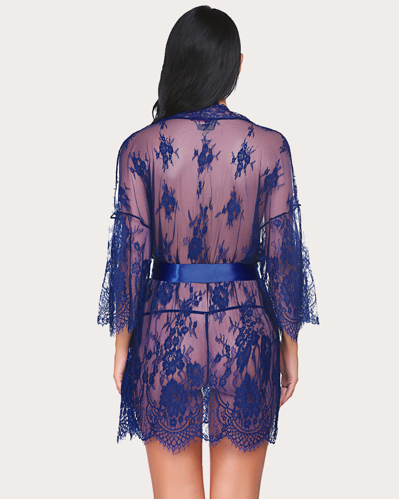 Blue lace mesh kimono robe back view with waist tie and semi-sheer lace coverage