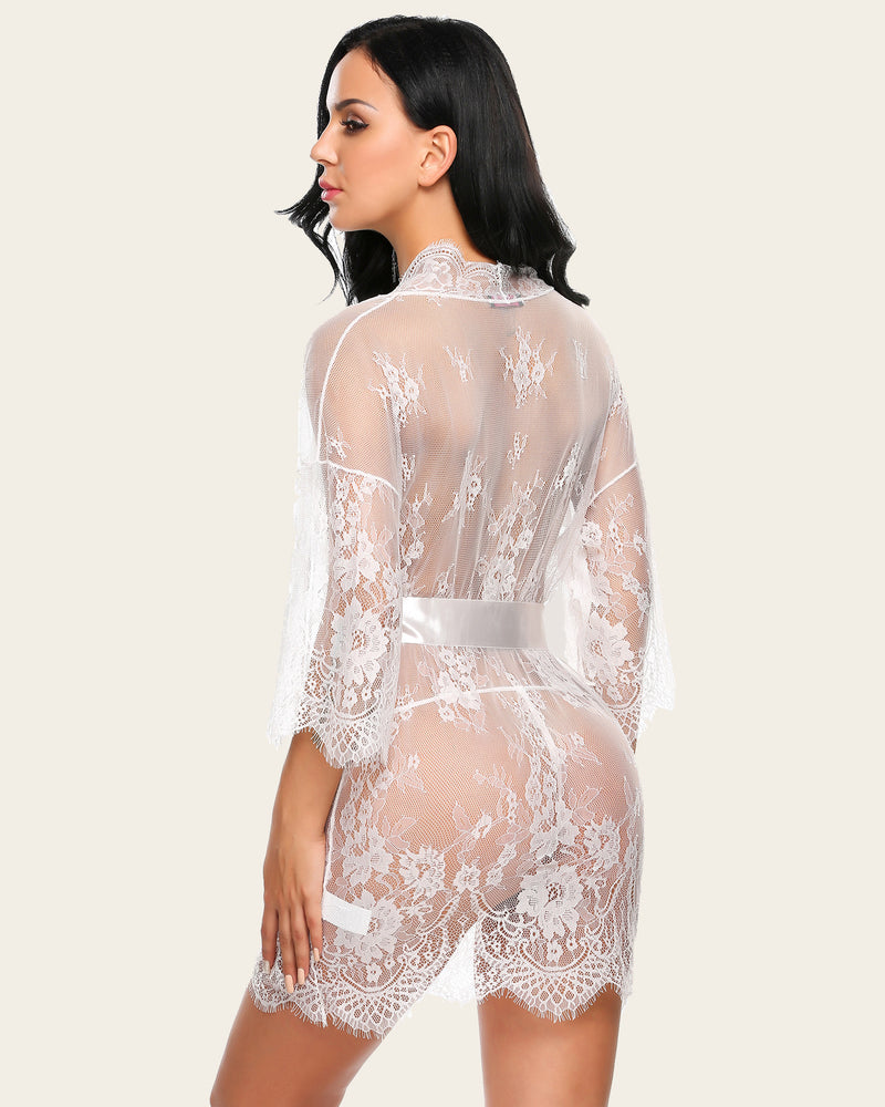 White lace mesh kimono robe back view with semi-sheer lace panels and waist tie