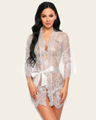 White lace kimono robe with tie belt, V-neck sheer front and lace sleeves