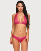 Lace bra and panty set, fuchsia strappy triangle bra and matching lace briefs