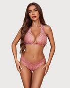 Lace bra and panty set, mauve-pink lace triangle bra with matching cheeky briefs