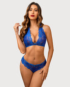 Lace bra and panty set, bright blue strappy triangle bra and matching lace briefs