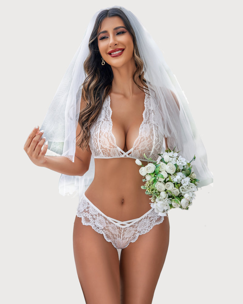 White lace strappy bra and panty set, scalloped trim, triangle cups