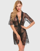 Black floral sheer lace kimono robe with V-neck, tie waist, fringe hem at sides