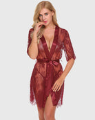 Dark red sheer lace kimono robe with deep V-neck and satin tie belt, short length